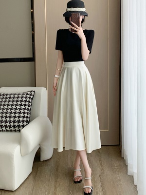 高腰显瘦a字伞裙赫本风御姐套装女夏高端精致醋酸缎面白色半身裙
