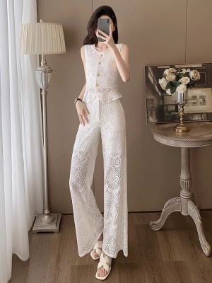 小香风蕾丝时尚职业套装女夏季洋气显瘦气质无袖背心阔腿裤两件套
