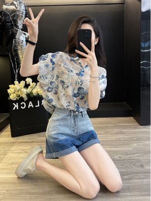 多巴胺休闲运动套装女夏季炸街洋气时尚小个子衬衫牛仔短裤两件套