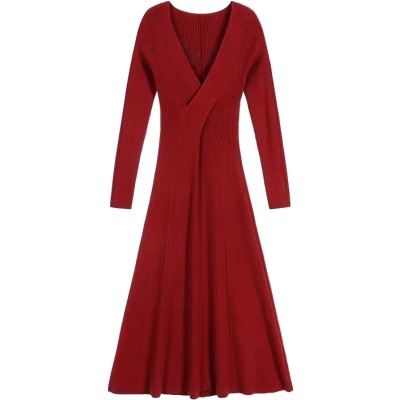 配大衣内搭毛衣裙子过膝收腰显瘦V领打底针织连衣裙女秋冬中长款