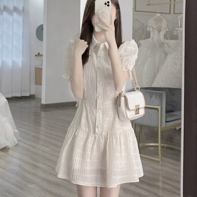 新款设计感小众小个子法式高级感泡泡袖小香风连衣裙子女夏