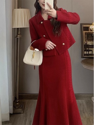 2025冬季新款过年红色毛呢小香风套装裙高级感时尚气质名媛两件套
