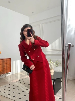 秋冬小香风红色套装裙女2025年冬季新款毛呢气质名媛两件套高级感