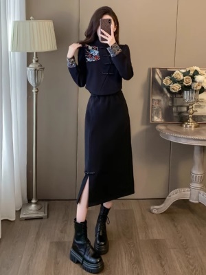 新中式国风女装黑色改良旗袍龙年高级感气质半身裙两件套装春秋季