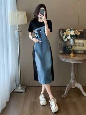 欧货拼接牛仔连衣裙女夏新款气质收腰遮肚显瘦高级感休闲短袖裙子
