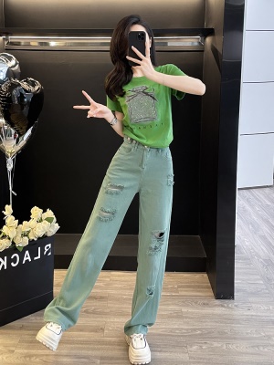 多巴胺绿色休闲时尚套装女夏季炸街减龄短袖破洞牛仔阔腿裤两件套