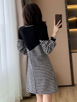 2025年秋冬女装新款千鸟格拼接宽松显瘦针织小香风连衣裙子小个子