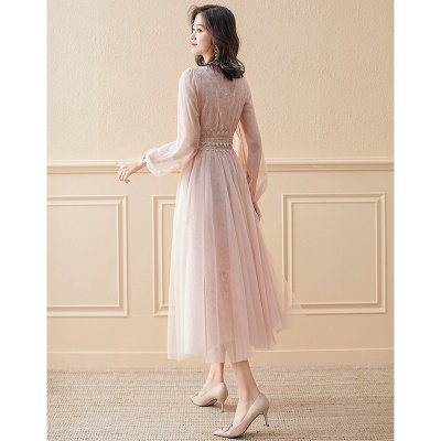 网纱连衣裙长袖2025初秋新款女法式显瘦高端气质收腰长款裙子秋装