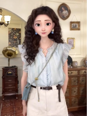 蓝色短袖衬衫女装夏季法式高级感气质雪纺衫小飞袖娃娃衫V领上衣