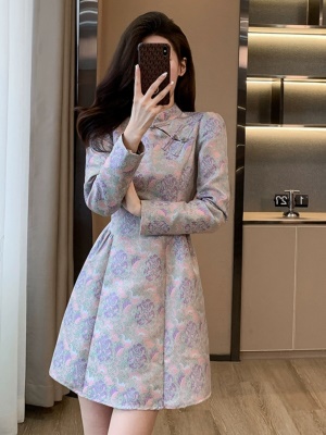 紫色旗袍领国风女装收腰显瘦气质新中式连衣裙高级感秋冬新款2025