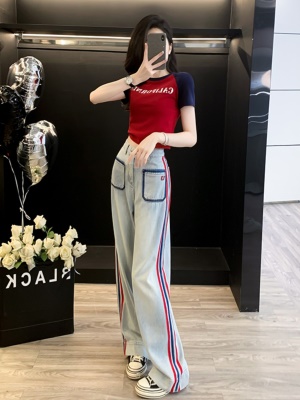 多巴胺休闲运动套装女夏季高端炸街减龄时尚T恤牛仔阔腿裤两件套