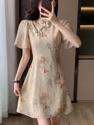 新中式国风棉麻连衣裙女夏季新款小个子气质显瘦年轻款改良旗袍裙