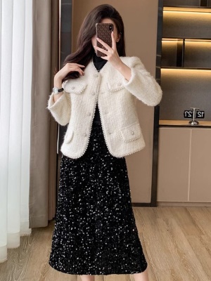 小香风白色毛呢外套女秋冬季小个子洋气加厚法式高级感羽绒服上衣