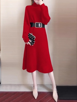 冬季红色过年过膝长裙配大衣的打底内搭高领针织毛衣连衣裙中长款
