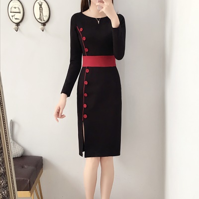 秋装新款侧开叉OL黑色包臀连衣裙女小个子气质女神范名媛高端短裙