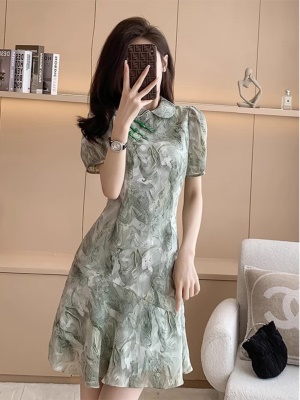 新中式国风收腰显瘦改良旗袍裙2025夏季新款短袖雪纺连衣裙小个子