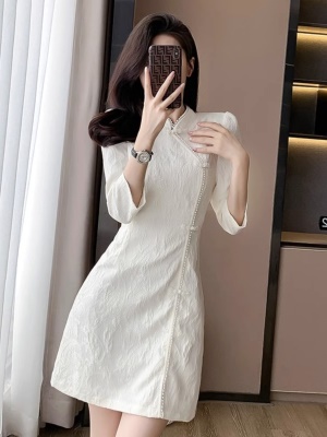 白色新中式国风旗袍连衣裙小个子女早春款高级感优雅气质宴会礼服