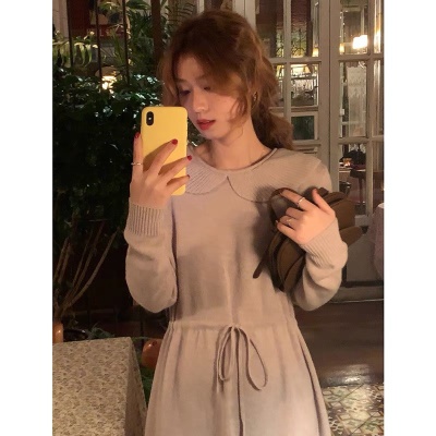 法式复古配大衣毛衣长裙新年战袍娃娃领打底红色针织连衣裙女秋冬