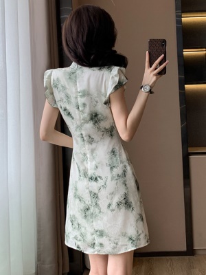 新中式水墨印花国风连衣裙女夏季气质修身收腰显瘦a字改良旗袍裙