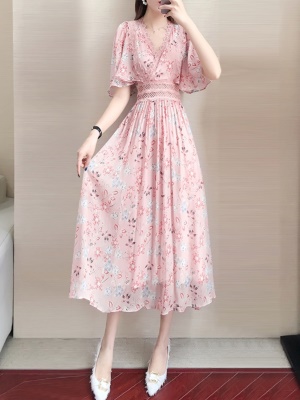 碎花雪纺短袖连衣裙2025新款夏很仙的中国风改良旗袍长裙甜美气质