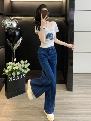 窄版牛仔阔腿裤休闲套装女夏季减龄一整套穿搭时尚洋气T恤两件套