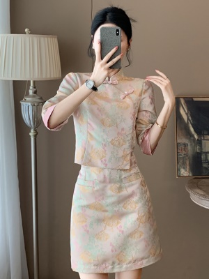 国风旗袍连衣裙两件套装女秋季新款收腰显瘦半身短裙两件套小个子