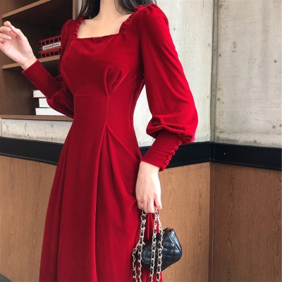 秋冬新款洋气金丝绒中长款黑色连衣裙女裙打底宴会气质礼服长裙子