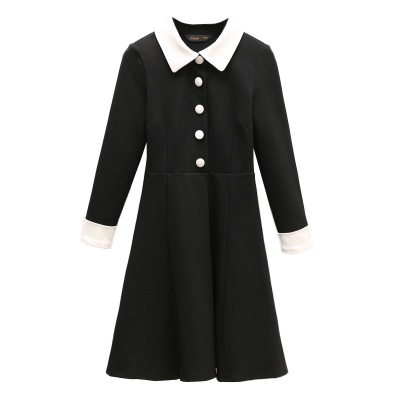秋季黑色长袖职业OL通勤连衣裙小个子娃娃领心机小黑裙赫本风短裙