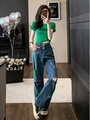 潮牌休闲时尚套装女夏新款洋气显瘦百搭T恤破洞牛仔阔腿裤两件套
