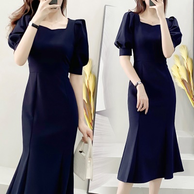 连衣裙夏收腰显瘦泡泡袖鱼尾裙礼服裙轻奢小众高端中长款过膝长裙