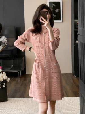 粉色小香风连衣裙女秋冬季高级感气质修身显瘦配大衣的毛衣打底裙