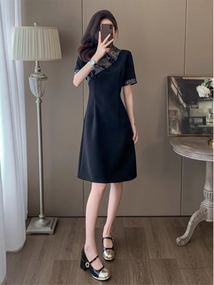 新中式国风黑色改良旗袍连衣裙女夏季高级感气质显瘦小黑裙赫本风