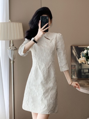 白色新中式国风旗袍连衣裙小个子女春秋新款高级感气质宴会小礼服