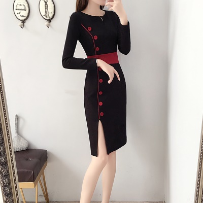 秋装新款侧开叉OL黑色包臀连衣裙女小个子气质女神范名媛高端短裙