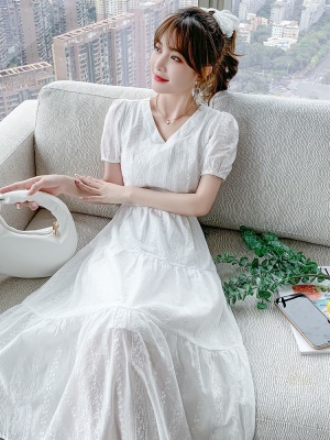 法式白色蕾丝连衣裙女夏季2025新款高级气质长裙显瘦纯棉仙女裙子