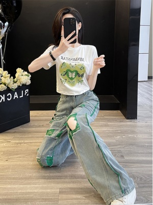 今年流行时尚套装女夏季新款多巴胺穿搭短袖T恤阔腿牛仔裤两件套