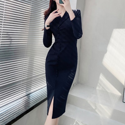 早秋女神范气质职业包臀裙2025秋季新款女长袖西装领连衣裙高级感