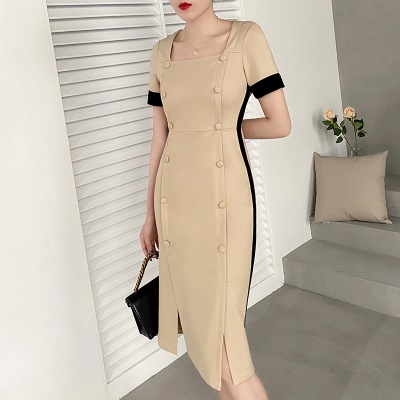 职业连衣裙女2025年夏季女士修身双排扣撞色知性包臀裙白领工作裙