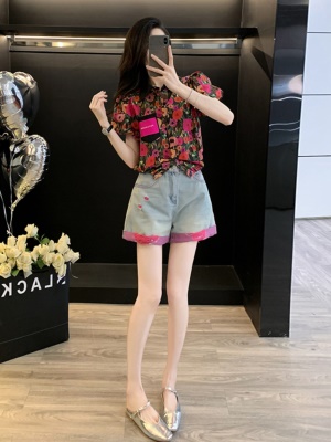 多巴胺休闲运动套装女夏季减龄时尚时髦洋气质衬衫牛仔短裤两件套