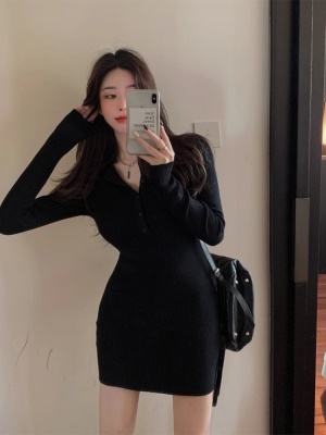 黑色紧身打底连衣裙女小个子针织性感内搭修身包臀裙毛衣短裙秋冬