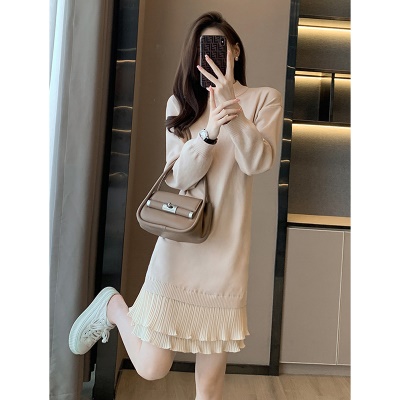 法式针织连衣裙女秋冬打底配大衣内搭中长款小个子假两件毛衣裙子