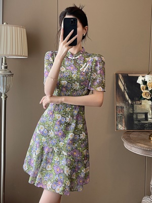 紫色仿真丝鱼尾连衣裙女夏季2025新款高端年轻款雪纺改良旗袍裙潮