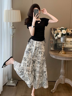 古风水墨画半身裙A字裙女2025夏季新款中长款印花伞裙T恤两件套装