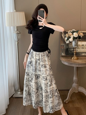 古风水墨画半身裙A字裙女2025夏季新款中长款印花伞裙T恤两件套装