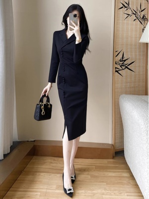 轻奢西装领修身包臀裙子秋季高级感通勤OL办公职业装连衣裙女神范