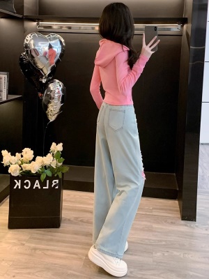 多巴胺搭配一整套女早秋洋气粉色连帽上衣阔腿牛仔裤时尚两件套装