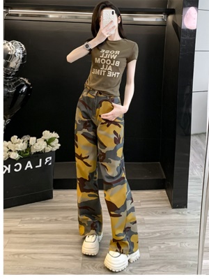 美式休闲时尚套装女夏季新款时髦炸街短袖T恤迷彩阔腿裤两件套潮