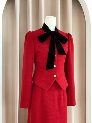 过新年衣服女装秋冬敬酒服新娘结婚回门订婚礼服红色小香风套装裙