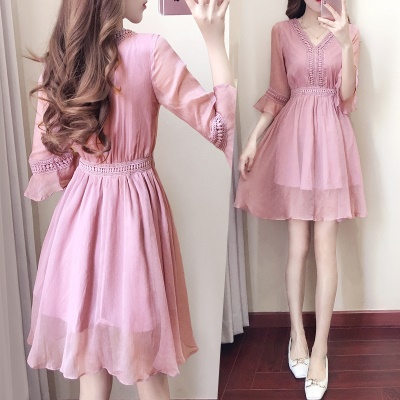 法式小个子雪纺连衣裙气质女神范女夏天很仙女裙V领粉色中袖裙子