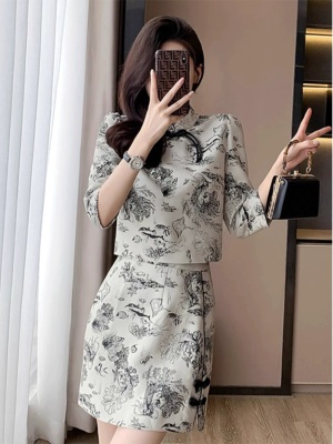 改良旗袍2025新款短款春秋小个子包臀半身裙两件套国风新中式套装
